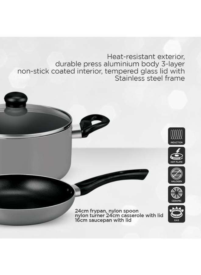 Royalford 7-Piece Non-Stick  Press Aluminum Cookware Set Grey Aluminum Body With 3-Layer Non-Stick Coating Grey 24-16-24cm