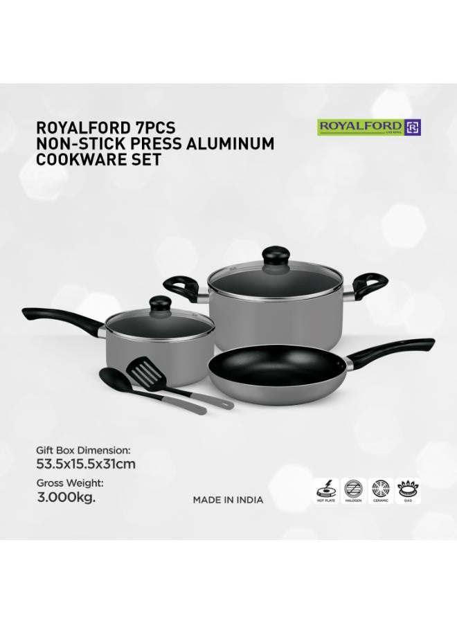 Royalford 7-Piece Non-Stick  Press Aluminum Cookware Set Grey Aluminum Body With 3-Layer Non-Stick Coating Grey 24-16-24cm