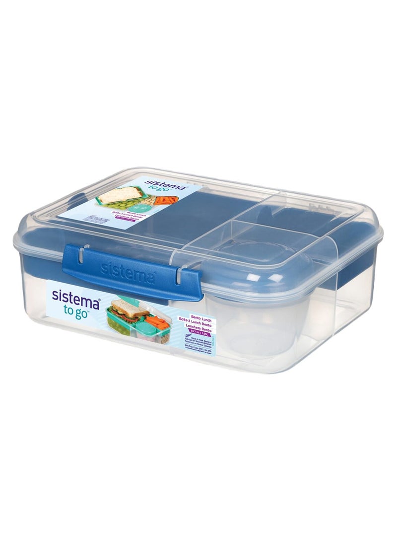 Sistema Bento Lunch To Go 1.65L, portable & Stackable for Work, Schools, featuring easy locking clip with multi-compartments. Is Microwave, Dishwasher safe and BPA Free, Blue