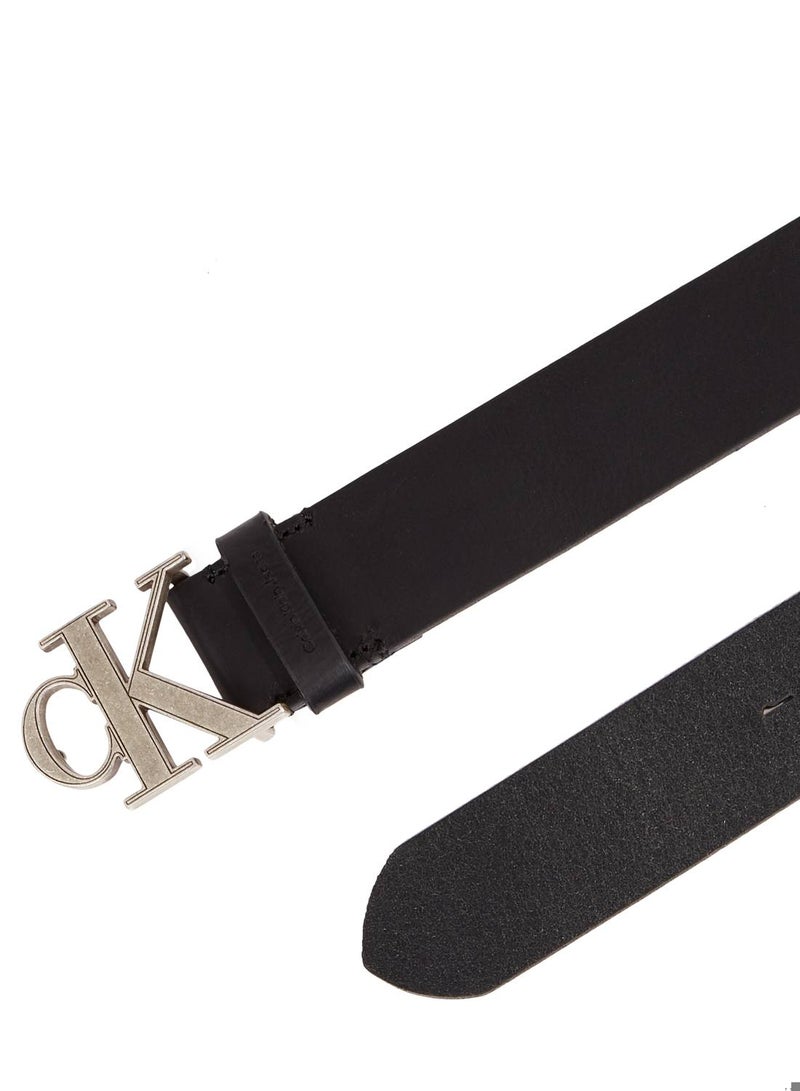 Men's Black Leather Logo Fixed Belt