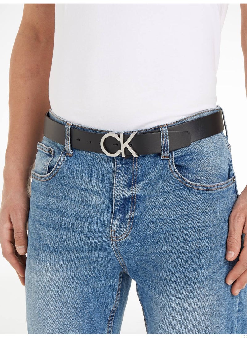 Men's Black Leather Logo Buckle Belt