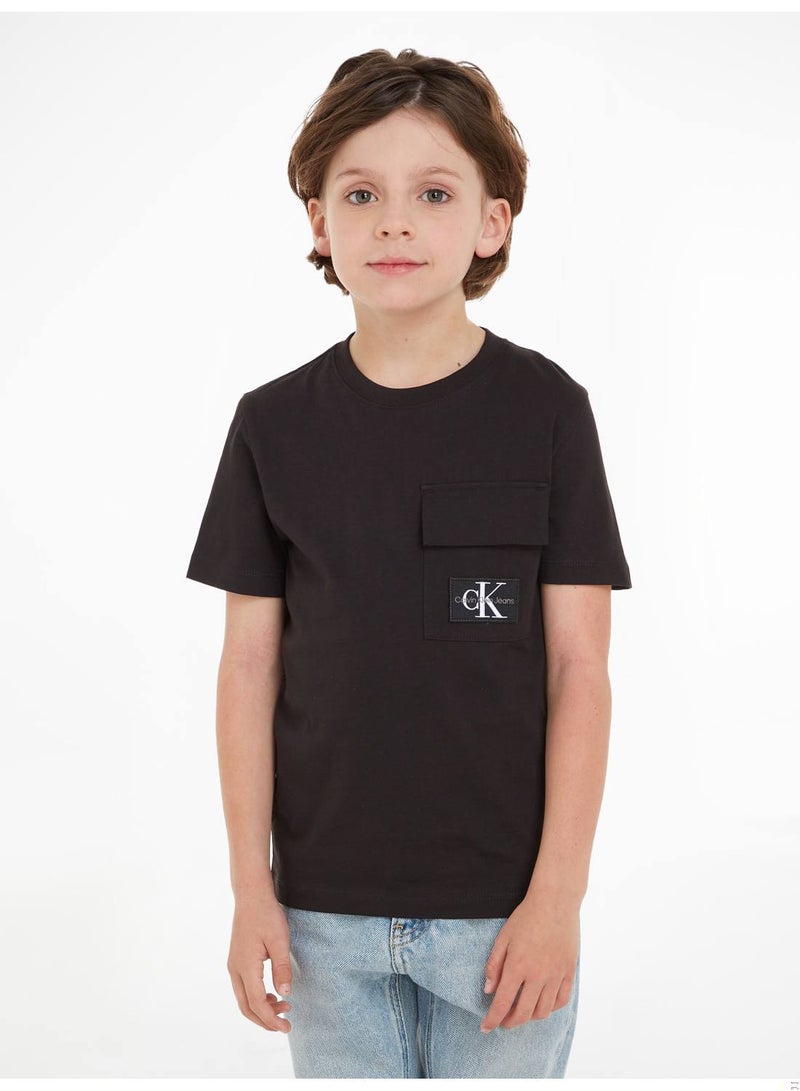 Boys' Flap Pocket T-Shirt, Cotton, Black