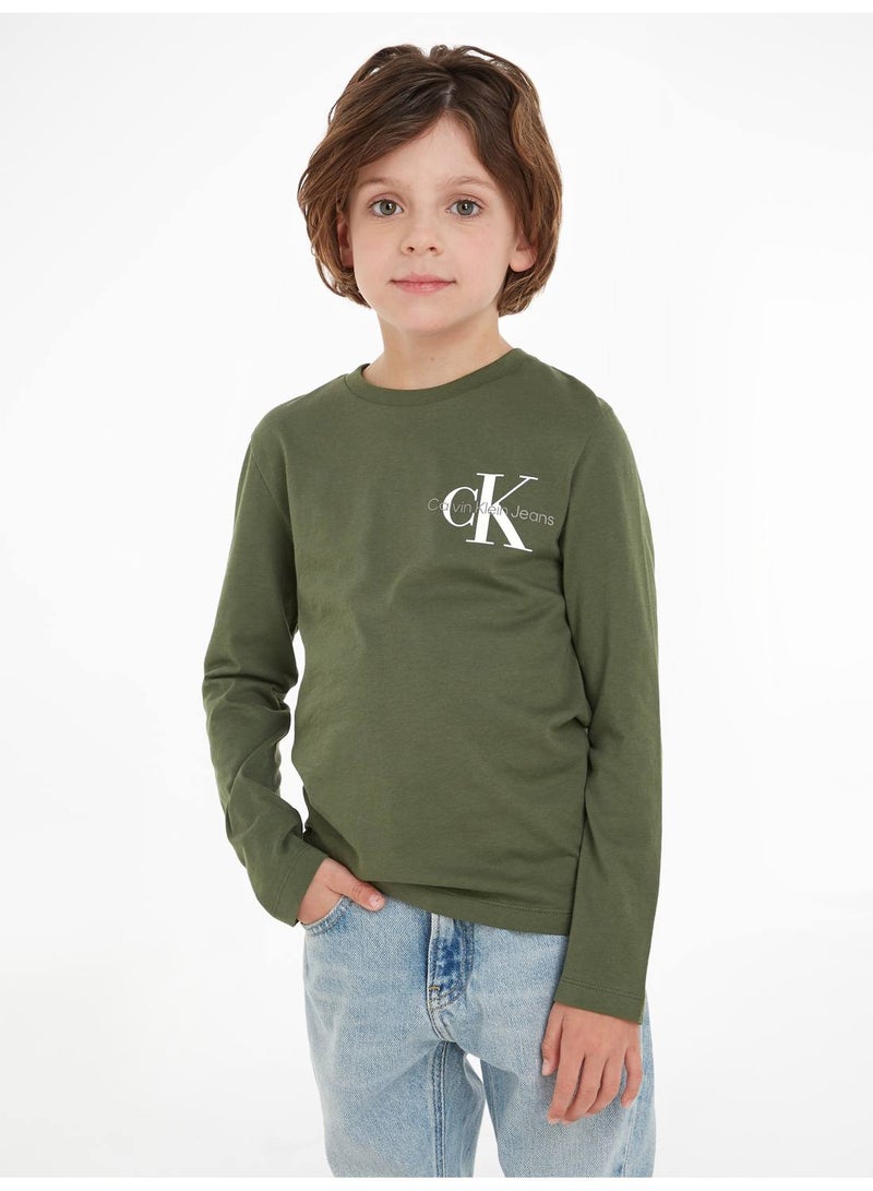 Boys' Long Sleeves Logo T-Shirt, Cotton, Green