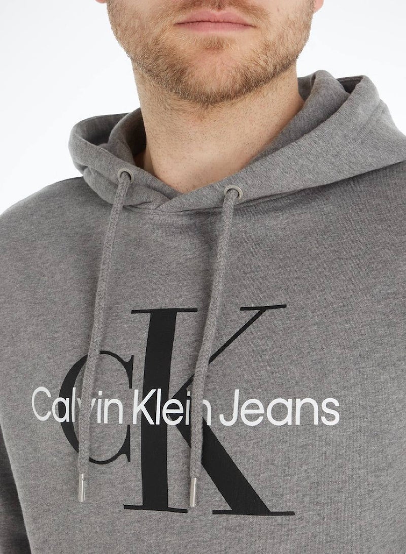 Calvin Klein Jeans Men's Hoody - Long Sleeves - Sportswear - Cotton Sweatshirt, Grey