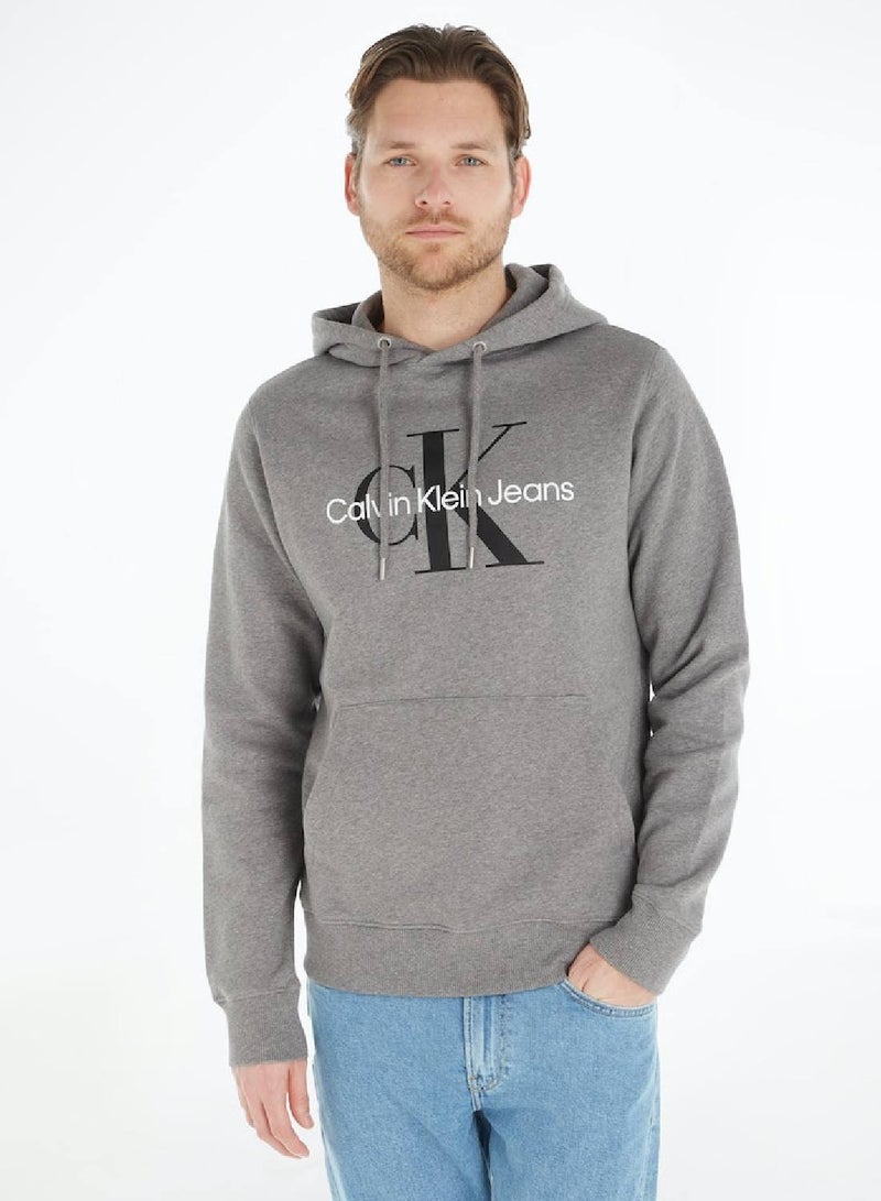 Calvin Klein Jeans Men's Hoody - Long Sleeves - Sportswear - Cotton Sweatshirt, Grey