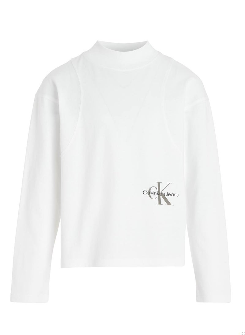 Girls' Long Sleeve Logo Slim T-Shirt, Cotton, White