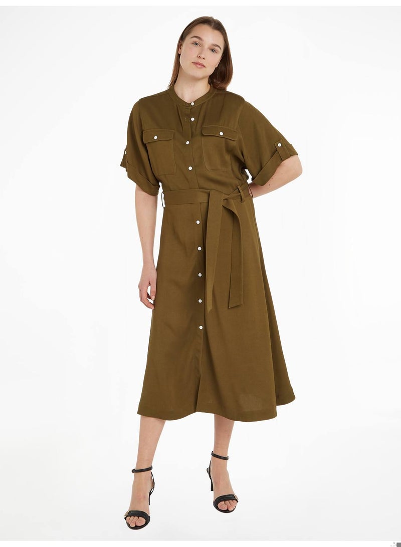 Olive Belted Shirt Dress