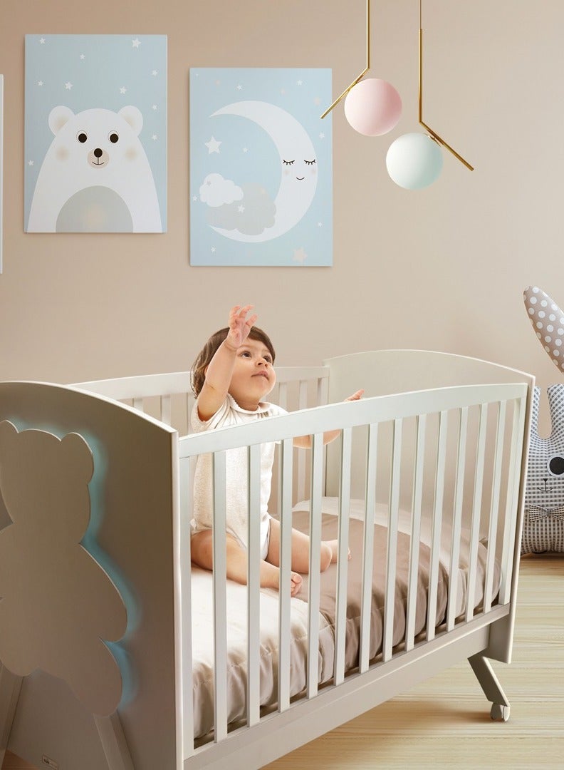 Orsopolly Beige Baby Cot With Magical Back-light Teddy Bear Feature From 0 To 36 Months Four wheels