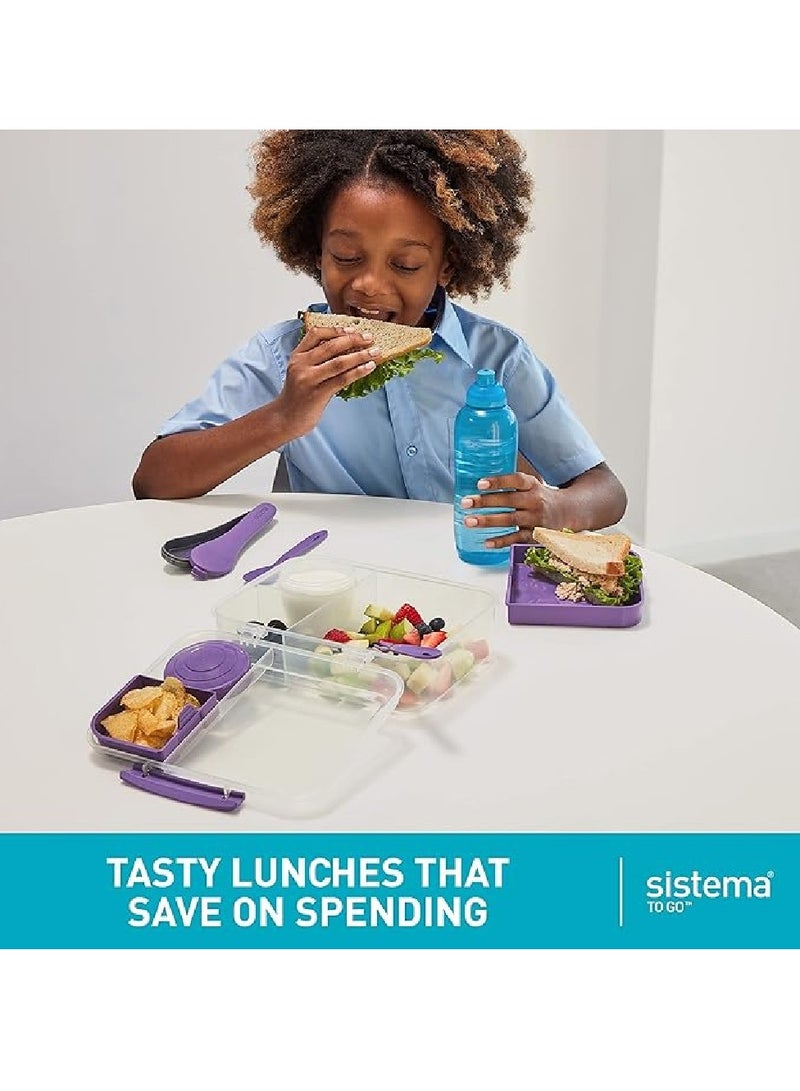 Sistema Bento Lunch To Go Online Range 1.65L Purple,  Stackable food storage, easy locking with clip to seal with multiple compartments and yogurt pot. Dishwasher safe and BPA Free.