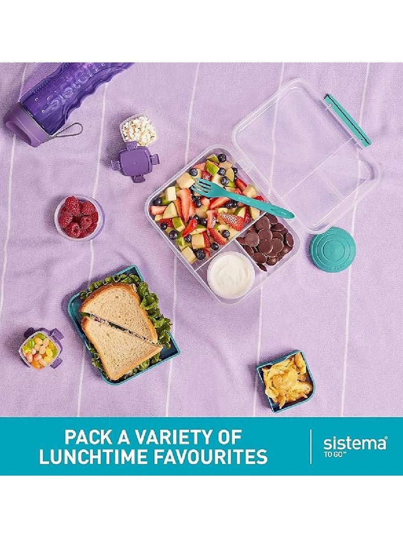 Sistema Bento Lunch To Go Online Range 1.65L Purple,  Stackable food storage, easy locking with clip to seal with multiple compartments and yogurt pot. Dishwasher safe and BPA Free.