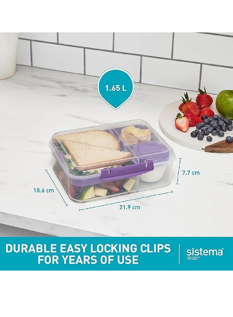 Sistema Bento Lunch To Go Online Range 1.65L Purple,  Stackable food storage, easy locking with clip to seal with multiple compartments and yogurt pot. Dishwasher safe and BPA Free.