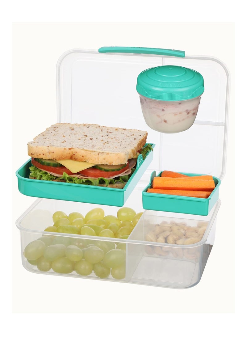 Sistema Bento Lunch To Go 1.65L, portable & Stackable for Work, Schools, featuring easy locking clip with multi-compartments. Is Microwave, Dishwasher safe and BPA Free, Green