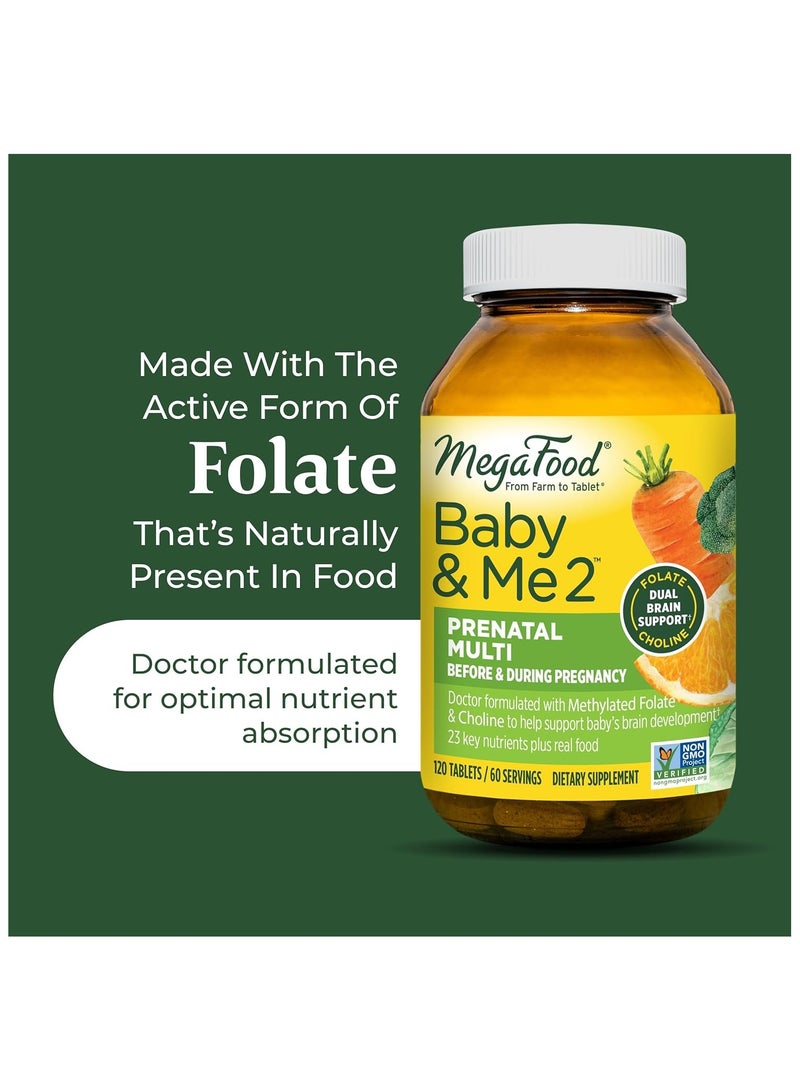 Baby & Me 2 Prenatal Vitamin and Minerals - Vitamins for Women - with Folate (Folic Acid Natural Form), Choline, Iron, Iodine, and Vitamin C, Vitamin D and more - 120 Tabs (60 Servings)