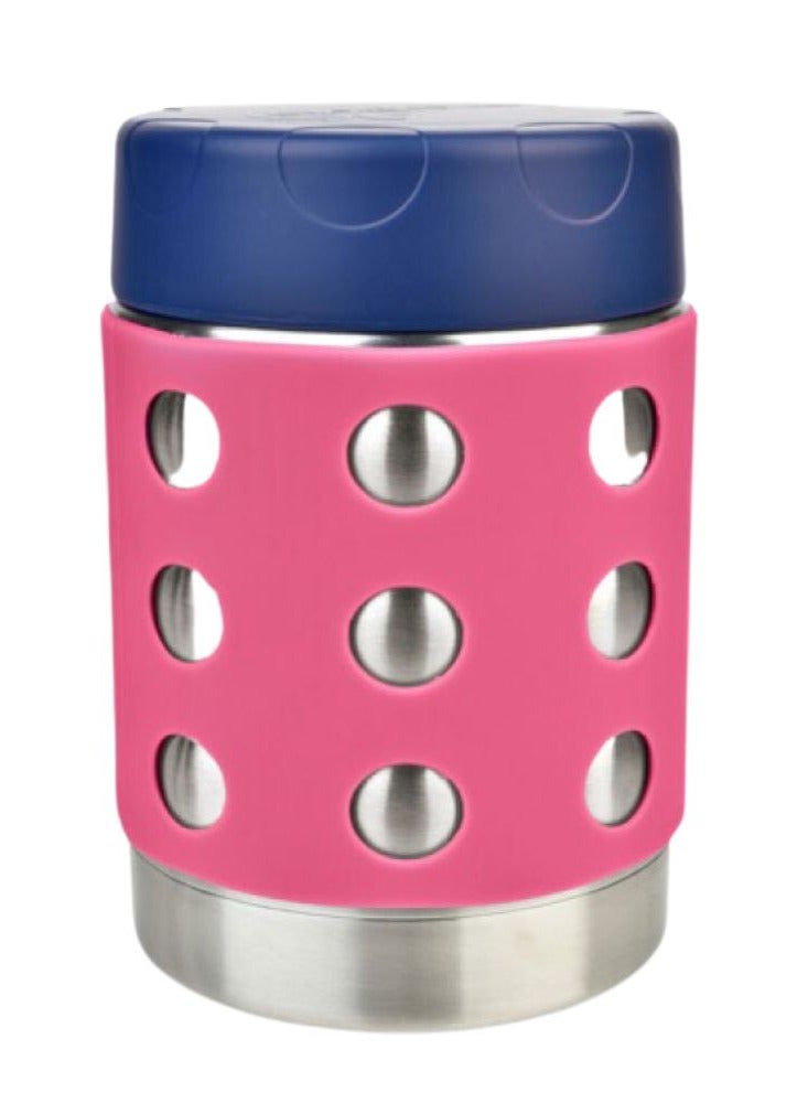 LunchBots Thermal 12 oz Triple Insulated Thermos - Hot 6 Hours or Cold 12 Hours - Leak Proof Thermos Soup Jar - All Stainless Interior - Navy Lid - Pink Dots