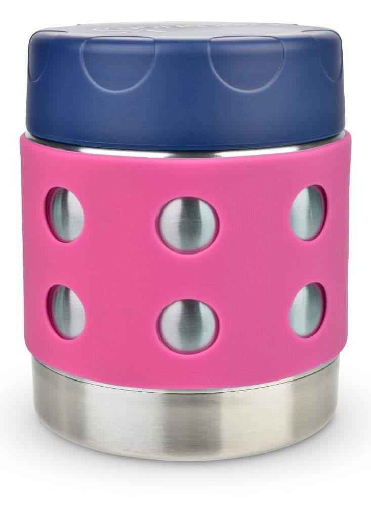 LunchBots Thermal 8 oz Triple Insulated Thermos - Hot 6 Hours or Cold 12 Hours - Leak Proof Thermos Soup Jar - All Stainless Interior - Navy Lid - Pink Dots