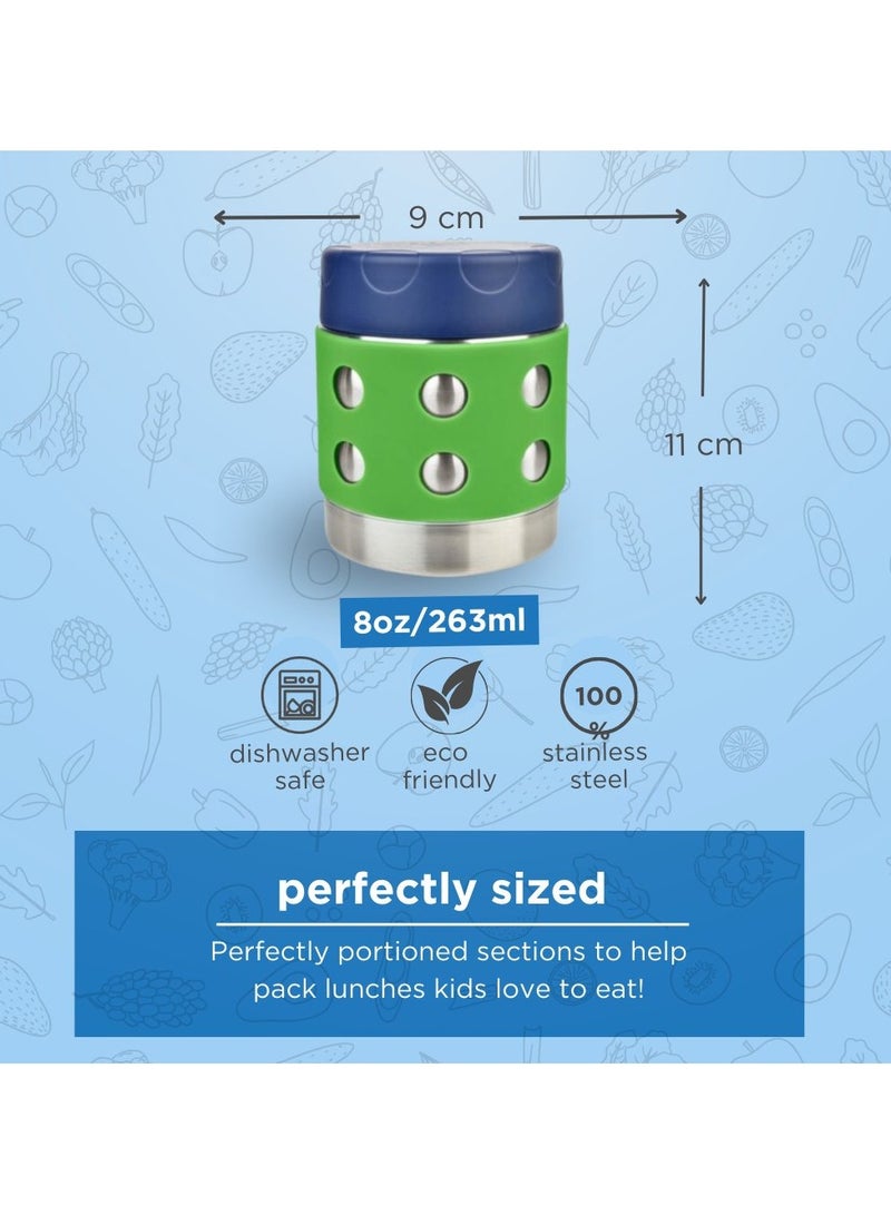 LunchBots Thermal 8 oz Triple Insulated Thermos - Hot 6 Hours or Cold 12 Hours - Leak Proof Thermos Soup Jar - All Stainless Interior - Navy Lid - Pink Dots