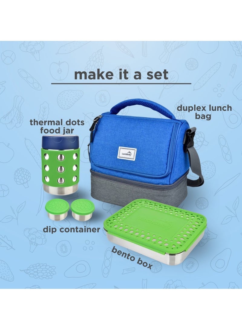 LunchBots Thermal 8 oz Triple Insulated Thermos - Hot 6 Hours or Cold 12 Hours - Leak Proof Thermos Soup Jar - All Stainless Interior - Navy Lid - Green Dots