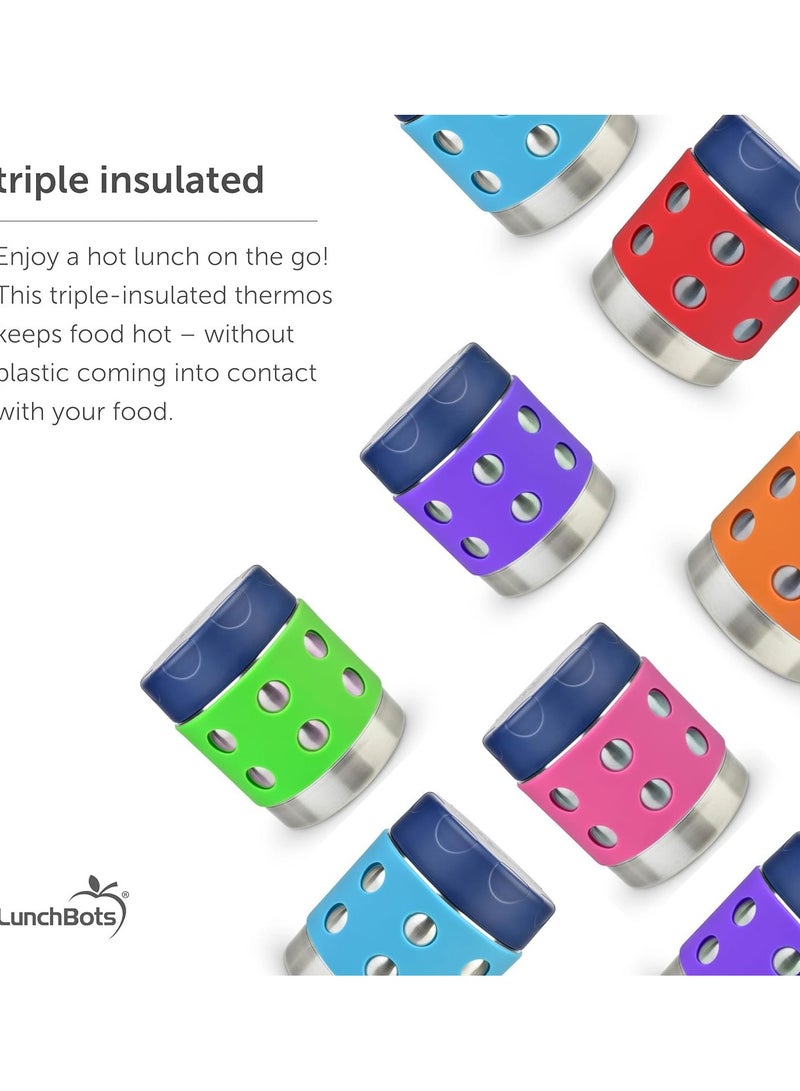 LunchBots Thermal 8 oz Triple Insulated Thermos - Hot 6 Hours or Cold 12 Hours - Leak Proof Thermos Soup Jar - All Stainless Interior - Navy Lid - Purple Dots