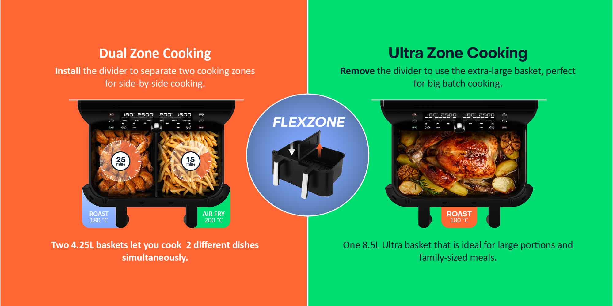 Air Fryer Duo 2 Flexzone, XL Basket, Middle Divider, 2 Independent Cooking Zones, Air Fry, Bake, Roast, Broil, Reheat And Dehydrate, 6 Presets 8.5 L 2400 W AFD285 Black