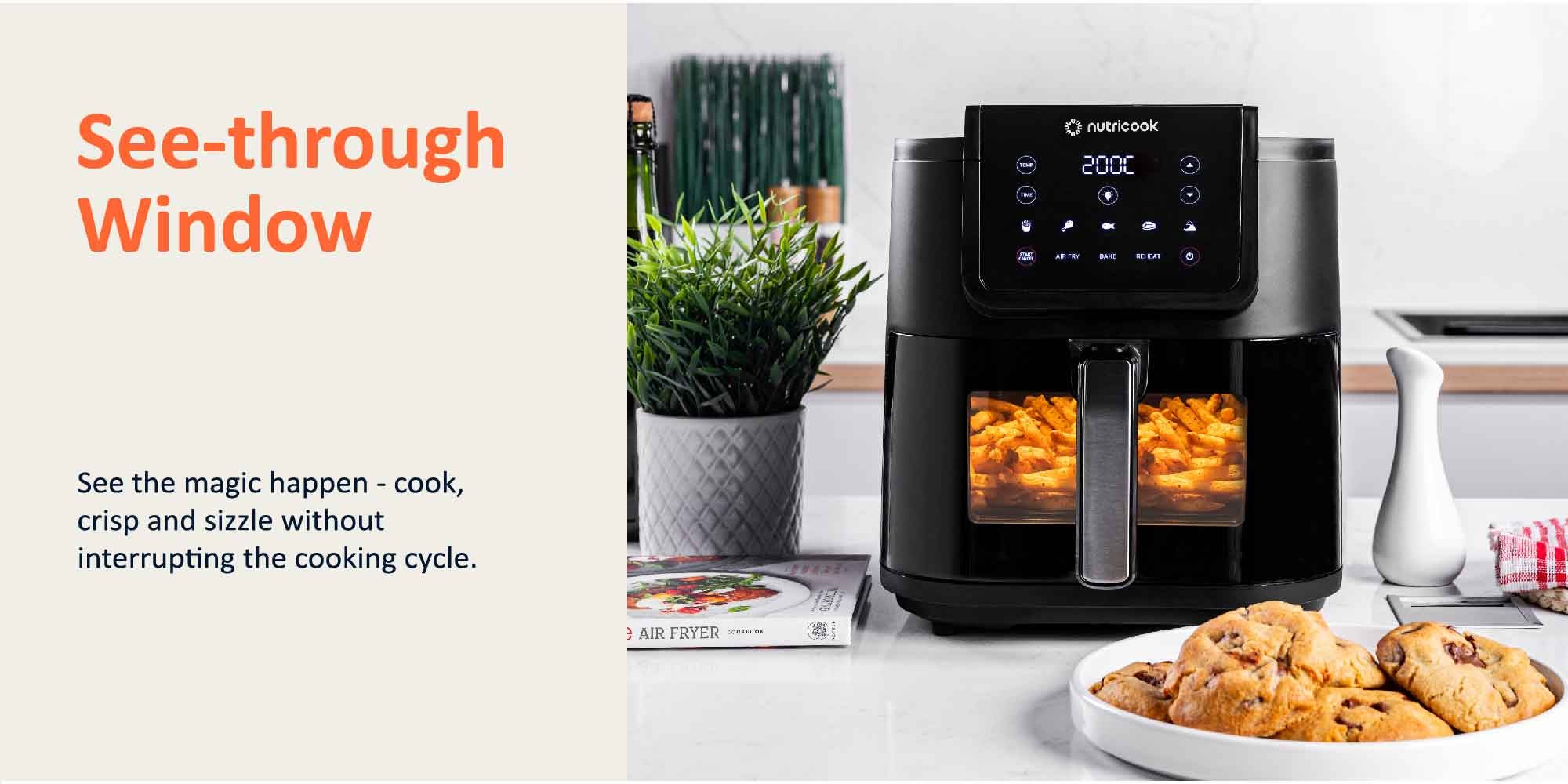 Air Fryer Slim XL, 6L Extra-Large Basket, Space-Saving Slim Design, Air Fry, Bake, Reheat, With 5 Presets, Clear  Window And Internal Light 7.6 L 1700 W AFS200 Black