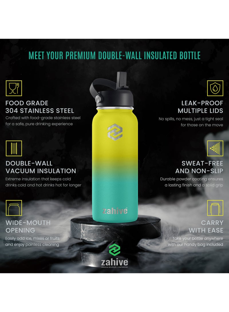 Stainless Steel Insulated Water Bottle with Straw with 3 Lids and Bag 1000 ml, Double Wall Thermos for Hot and Cold Drinks for Gym and Work, Wide Mouth, Leak Proof, 1 liter, Yellow Green