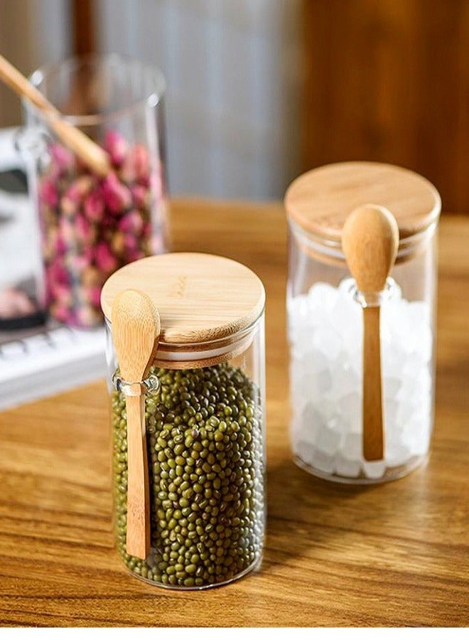 6-Pack Sealed Borosilicate Glass Bamboo Spice Jars with Bamboo Lid and Bamboo Spoon for Candy, Spices, Coffee Beans, Condiments