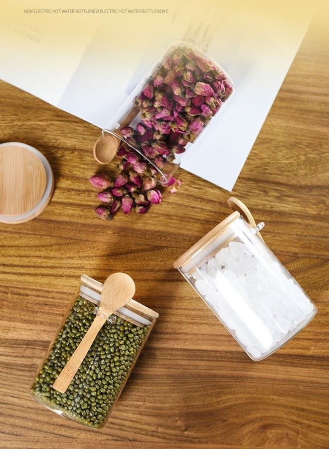 6-Pack Sealed Borosilicate Glass Bamboo Spice Jars with Bamboo Lid and Bamboo Spoon for Candy, Spices, Coffee Beans, Condiments