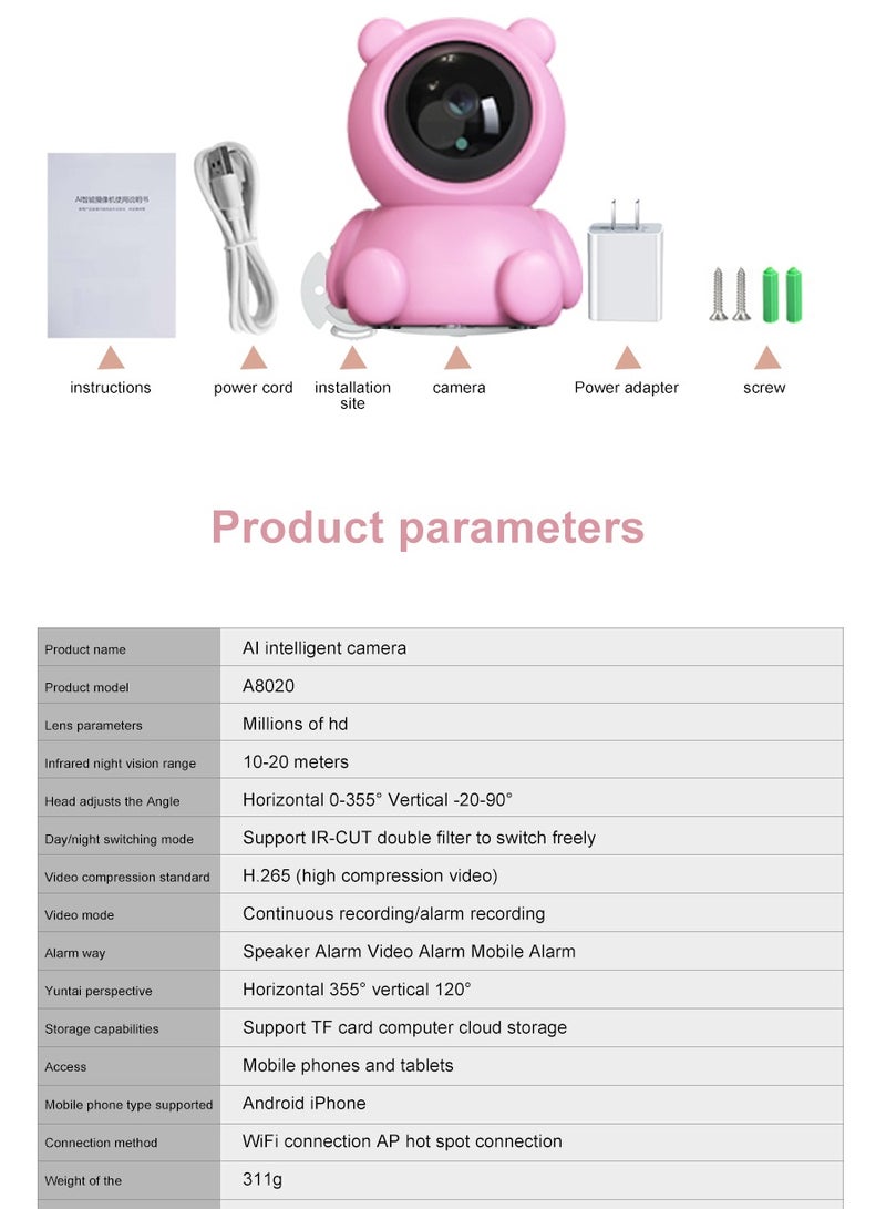Baby Monitor  1080P HD Video Toddler Infant Portable Security Camera, Smart Control Wifi Remote Access Webcam 360 Degree Rotation Digital Two-way Audio,32G Memory Family Use Home Safe(Strawberry Pink Teddy Bear)