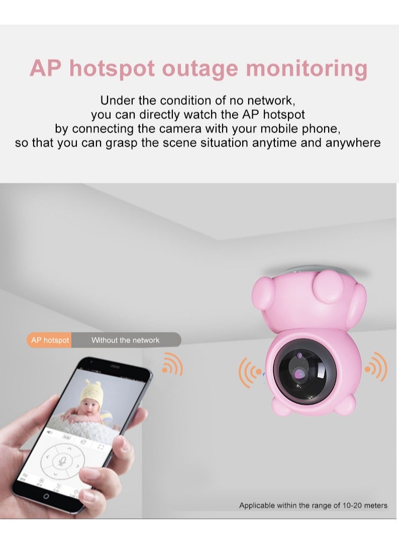 Baby Monitor  1080P HD Video Toddler Infant Portable Security Camera, Smart Control Wifi Remote Access Webcam 360 Degree Rotation Digital Two-way Audio,32G Memory Family Use Home Safe(Strawberry Pink Teddy Bear)
