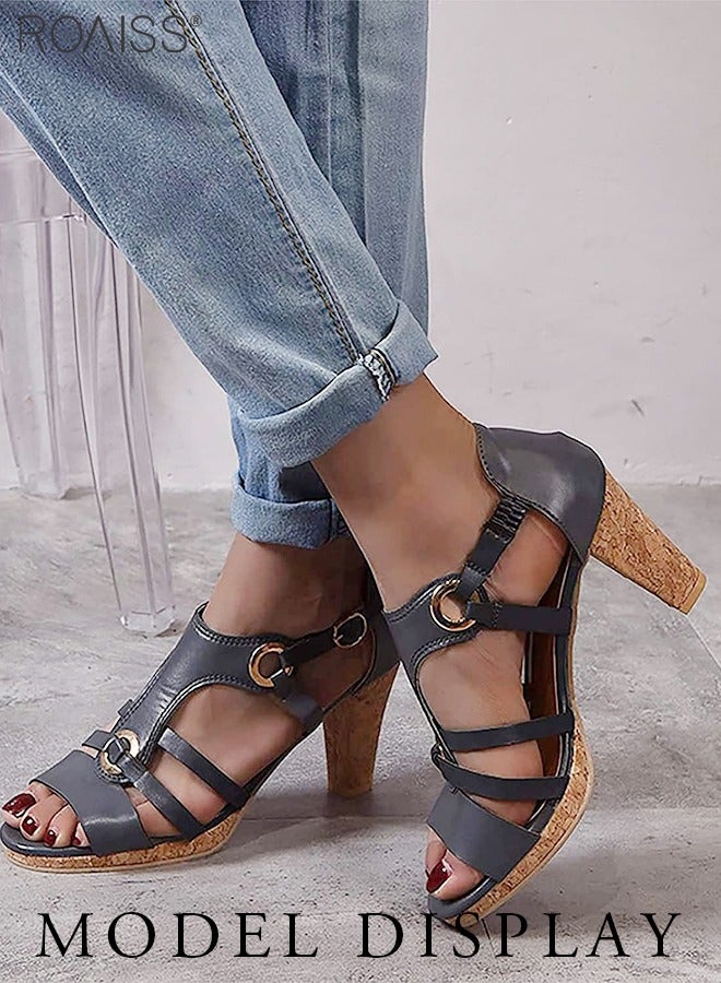 Fashionable Leather Hollow High-Heeled Sandals For Women'S Daily Commuting Open-Toe Pointed Cork Bottom Versatile Roman High-Heeled Shoes