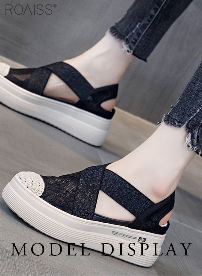 Fashionable Closed Toe Lace Thick Sole Casual Shoes Women'S Versatile Elastic Strap Side Hollow Summer Sandals