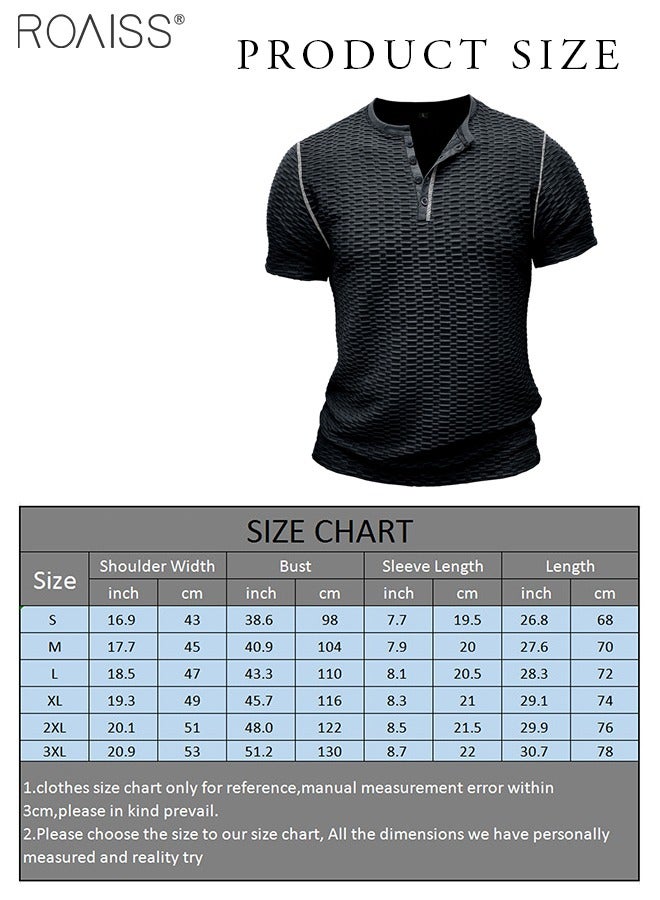 Mens Waffle Henley Shirt Summer Casual Slim Fit Short Sleeve Button Up Muscle T Shirts Gym Workout Performance Shirts