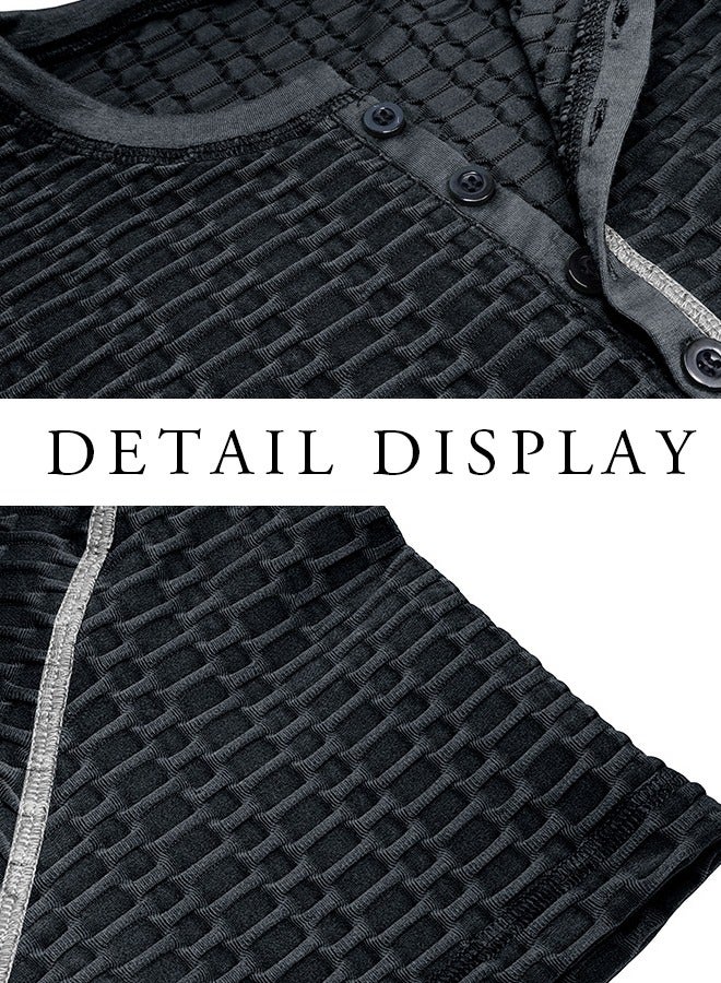 Mens Waffle Henley Shirt Summer Casual Slim Fit Short Sleeve Button Up Muscle T Shirts Gym Workout Performance Shirts