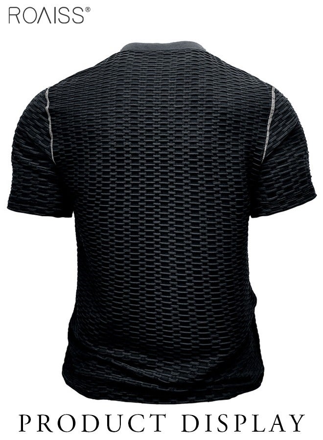 Mens Waffle Henley Shirt Summer Casual Slim Fit Short Sleeve Button Up Muscle T Shirts Gym Workout Performance Shirts