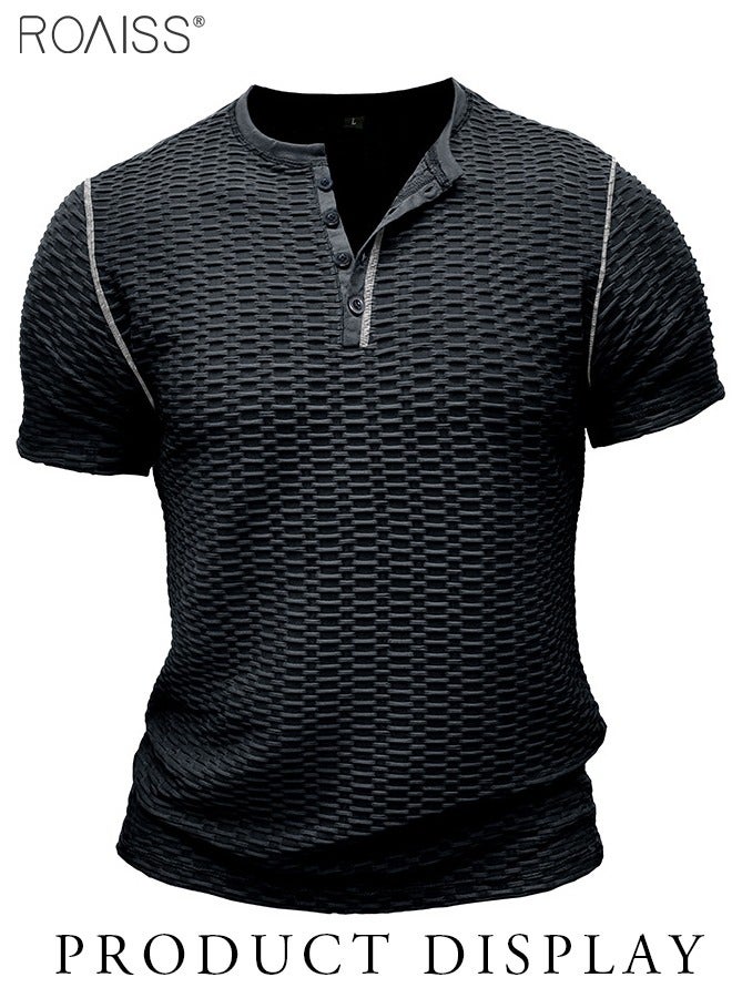 Mens Waffle Henley Shirt Summer Casual Slim Fit Short Sleeve Button Up Muscle T Shirts Gym Workout Performance Shirts