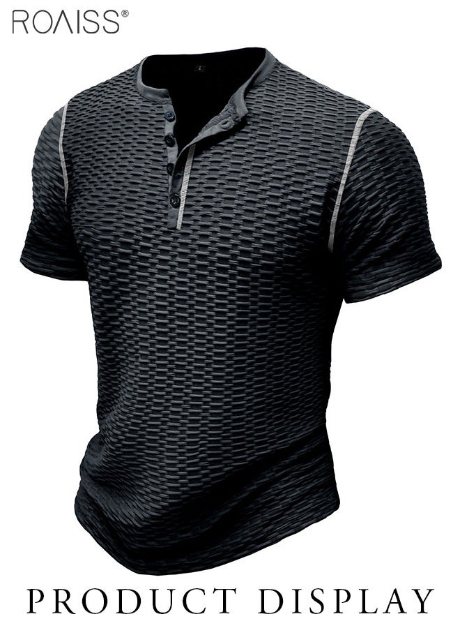 Mens Waffle Henley Shirt Summer Casual Slim Fit Short Sleeve Button Up Muscle T Shirts Gym Workout Performance Shirts