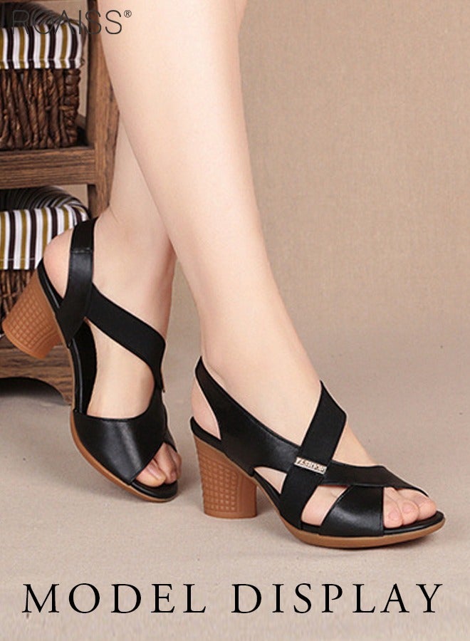 Fashionable And Versatile Open Toe High Heel Sandals For Women'S Daily Commuting Thick Heel Elastic Band Summer Fish Mouth Sandals