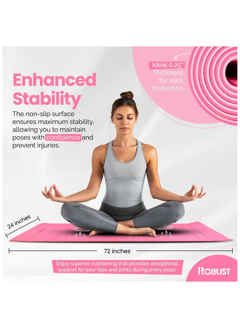 Robust TPE Yoga Mat Double Layer Anti-Slip Eco Friendly Texture surface (Size 183cmx 61cm) SGS Certified Position Liens & Hanging Band, Home/Gym Workout Sports Exercise Sports Mattress - Pink