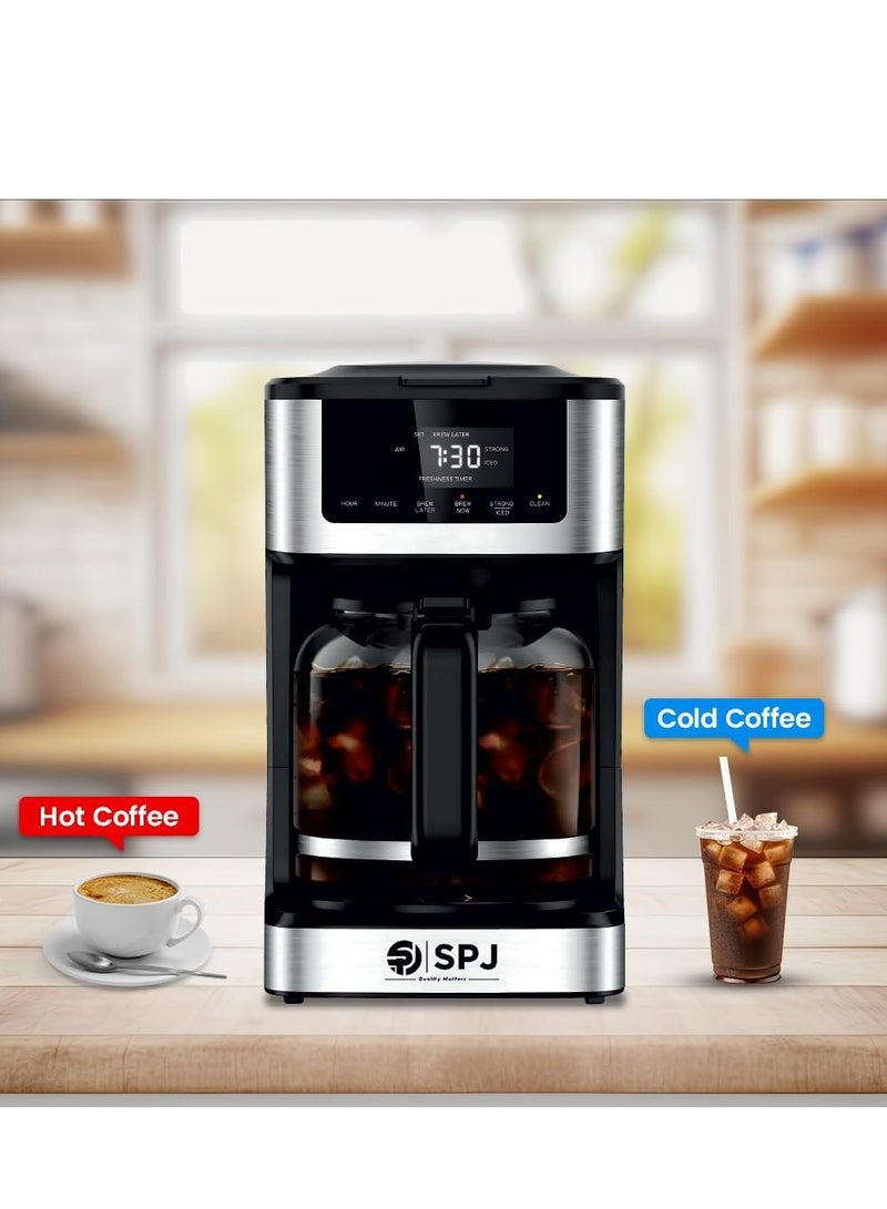 SPJ 1.8L Coffee Maker with 12-Cup Glass Carafe | Hot & Iced Brew, Touch Screen Control, Anti-Drip, Self-Clean, Auto Power-Off – Silver & Black