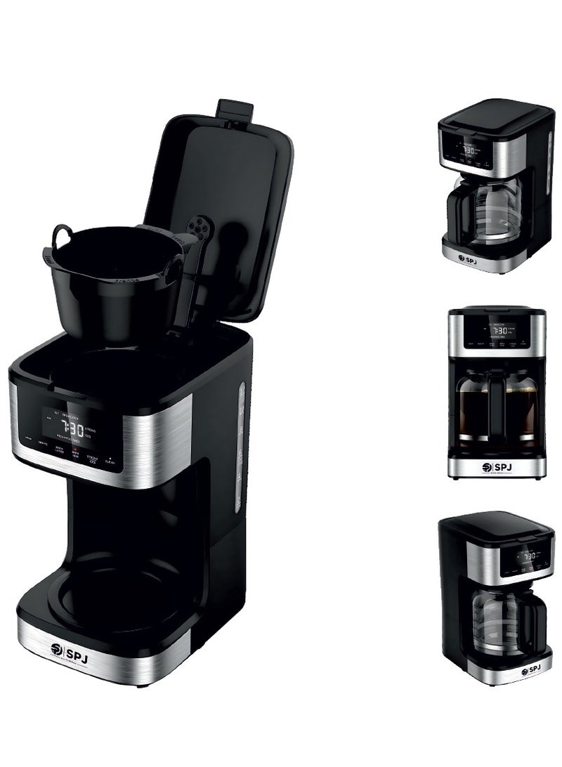 SPJ 1.8L Coffee Maker with 12-Cup Glass Carafe | Hot & Iced Brew, Touch Screen Control, Anti-Drip, Self-Clean, Auto Power-Off – Silver & Black