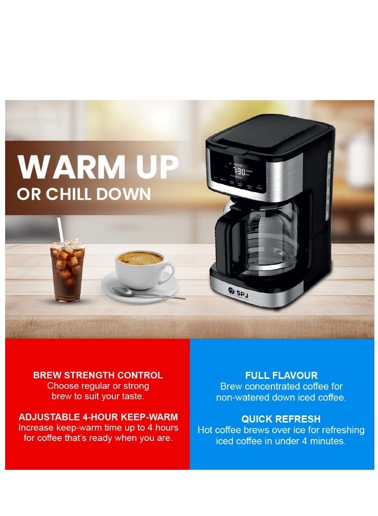 SPJ 1.8L Coffee Maker with 12-Cup Glass Carafe | Hot & Iced Brew, Touch Screen Control, Anti-Drip, Self-Clean, Auto Power-Off – Silver & Black