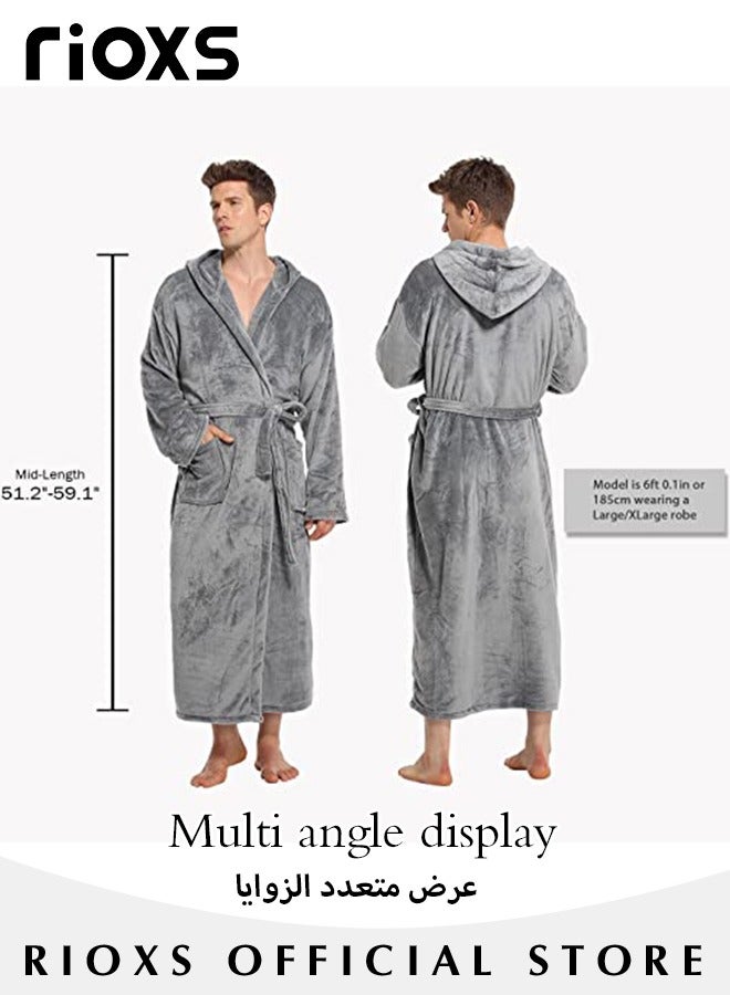 Men's Hooded Fleece Robe Plush Collar Bath Towel Shawl Soft Long Bathrobe Warm Flannel House Robe Fleece Spa Robes Loungewear