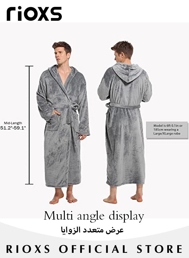 Men's Hooded Bath Robe,Plush Collar Sleepwear,Soft Long Bathrobe Warm Flannel House Robe,Robe Fleece Spa Robes Loungewear For Men,Long Bathrobe Gift For Father Brother Husband