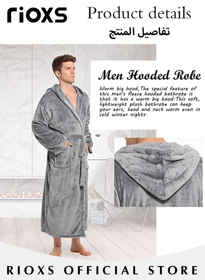 Men's Hooded Fleece Robe Plush Collar Bath Towel Shawl Soft Long Bathrobe Warm Flannel House Robe Fleece Spa Robes Loungewear