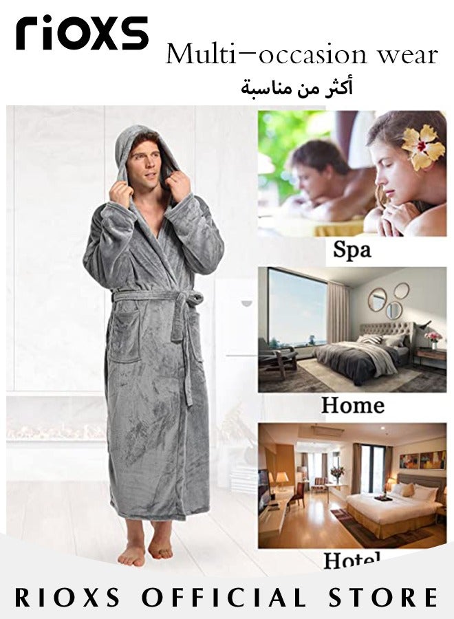 Men's Hooded Fleece Robe Plush Collar Bath Towel Shawl Soft Long Bathrobe Warm Flannel House Robe Fleece Spa Robes Loungewear