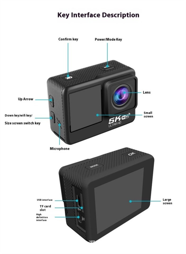 5K WiFi Action Camera 170° Wide Angle, Anti-Shake Action Camera Waterproof Remote Control Action Camera with Remote Control and Accessories