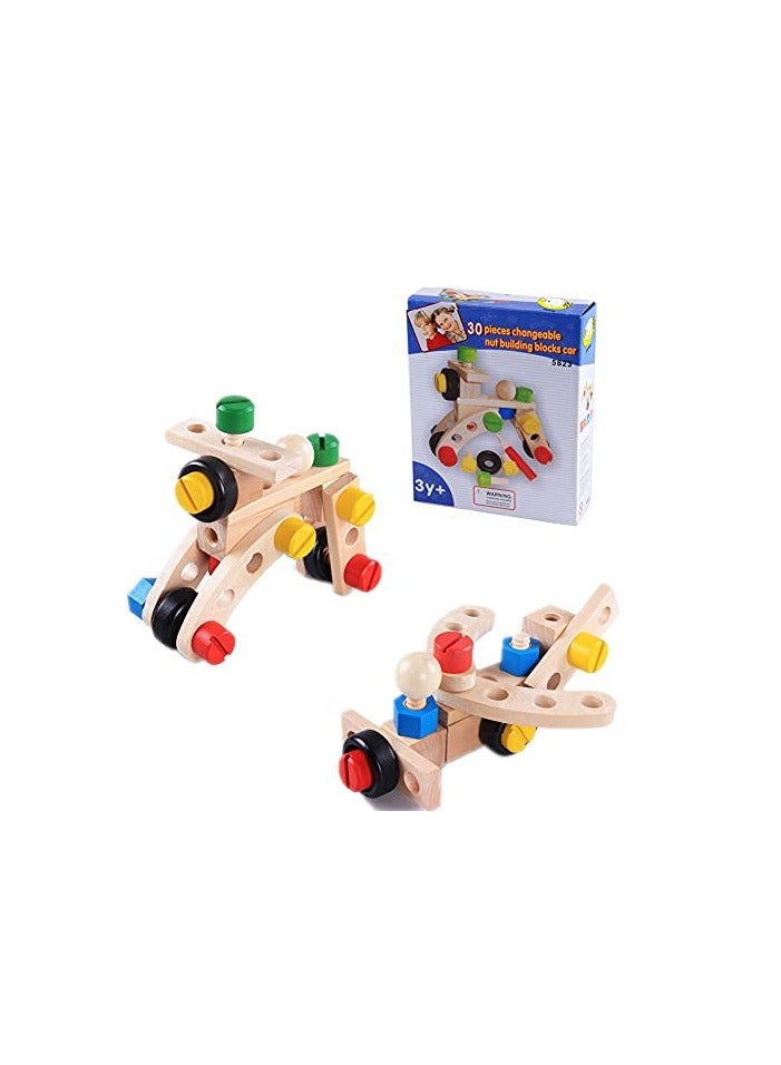 Ponny 36 PCS Wood Nuts Bolts Set Kids DIY Assembly Cars Model Wooden Construction Building Set for Kids
