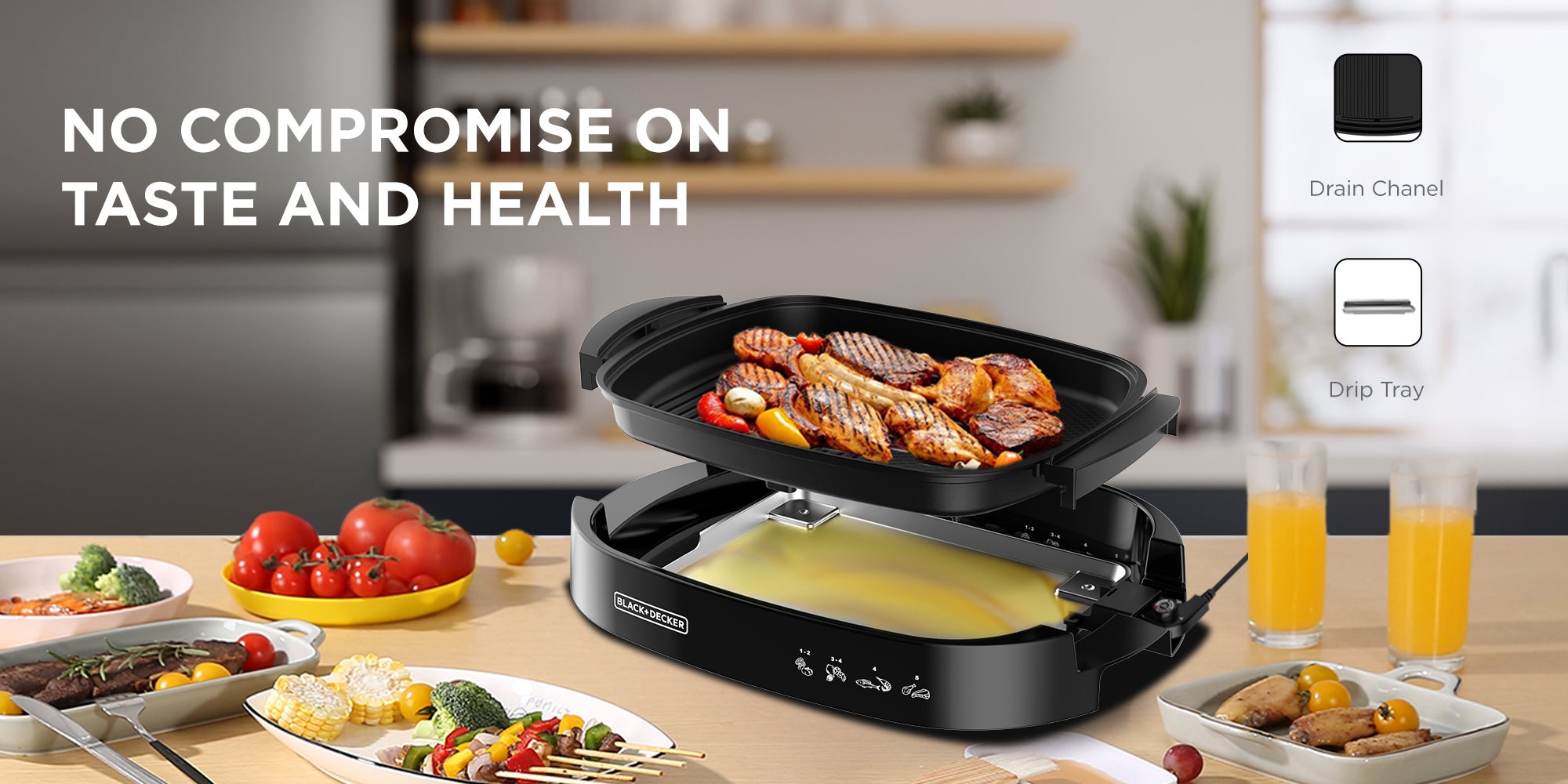 Electric Health Grill, 1500W, Large Non-Stick Griddle With Glass Lid, Family Size, 5-Level Temp Control, Cool-Touch Handles, Efficient Fat Draining, Dishwasher Safe 1500 W GH1500-B5 Black