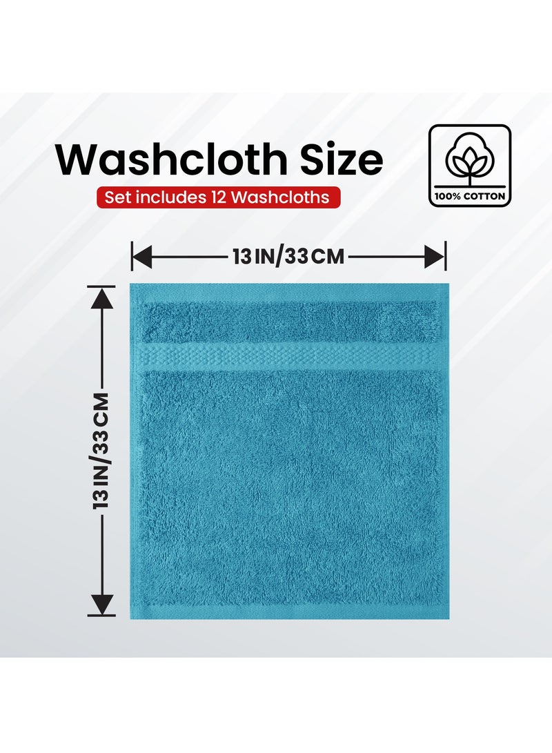 Infinitee Xclusives [12 Pack] Premium Teal Wash Cloths and Face Towels, 33cm x 33cm 100% Cotton, Soft and Absorbent Washcloths Set - Perfect for Bathroom, Gym, and Spa