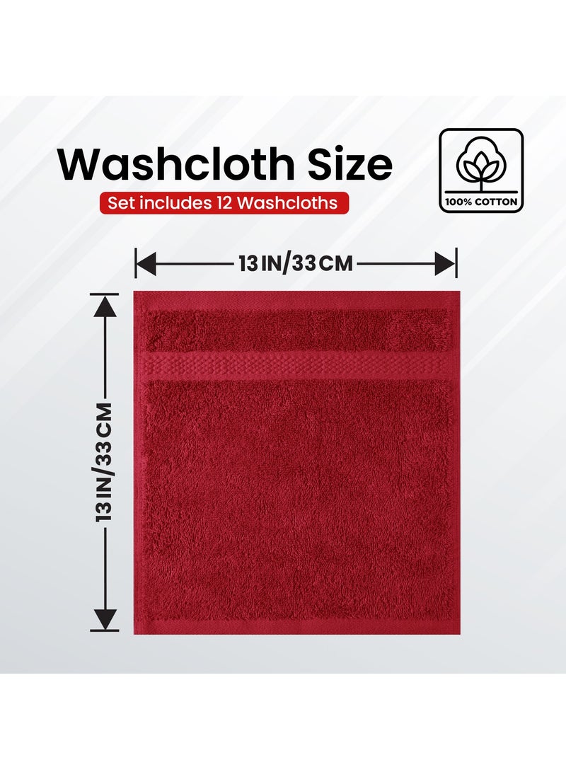 Infinitee Xclusives [12 Pack] Premium Red Wash Cloths and Face Towels, 33cm x 33cm 100% Cotton, Soft and Absorbent Washcloths Set - Perfect for Bathroom, Gym, and Spa